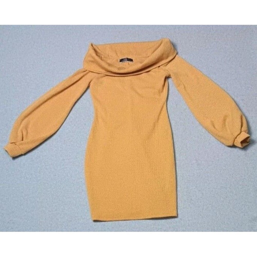Blue Blush Balloon Sleeve Cowl Neck Bodycon Mini Sweater Dress Small Yellow Knit